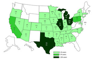 A map of the United States displaying Salmonella Heidelberg infections by state.