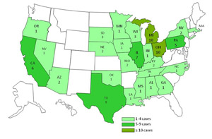 Chart and map showing Salmonella Heidelberg infections by state
