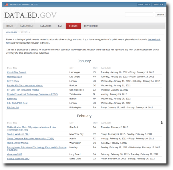 A picture of the data.ed.gov events calendar