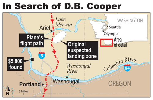 Locations where Cooper was originally thought to have landed and where some of the ransom money was later found