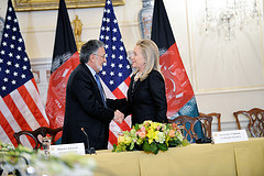 Secretary Clinton Shakes Hands With Afghan Foreign Minister Rassoul