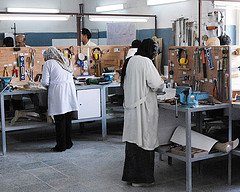 Women working in orthotics workshop