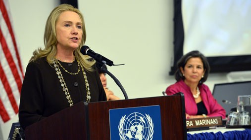 U.S. Secretary of State Hillary Rodham Clinton delivers remarks at a roundtable on global water security at the United Nations in New York, New York on September 25, 2012. [State Department photo/ Public Domain]