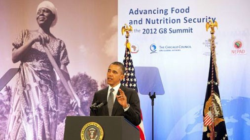 U.S. President Barack Obama announces the New Alliance for Food Security and Nutrition at the Symposium on Global Agriculture and Food Security on May 18, 2012, at the Ronald Reagan Building in Washington, D.C. [Chicago Council photo]