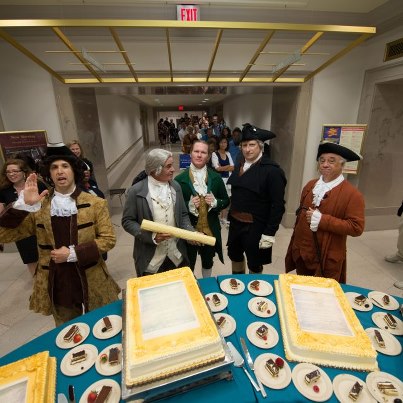 Photo: Hear ye, hear ye, this cake in the shape of Constitution is ready to be served!

In honor of the 225th anniversary of the Constitution, the National Archives served up a special program about the signing of the Constitution and some cake. Each cake was decorated with an edible page of the Constitution.