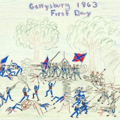 Photo: Our museum’s new exhibit on the Civil War explores the war itself and the continuing interest Americans have in the conflict. Young Philip Armour of Oakland, California, was certainly interested in the Civil War. In a letter he wrote to President Eisenhower on July 31, 1959, he enclosed several lively sketches of major battles, including this one of the first day of the Battle of Gettysburg.