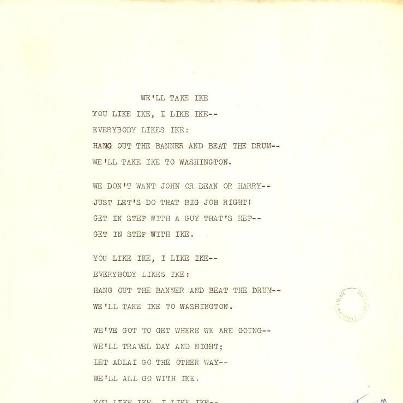 Photo: Staff at Disney studios worked on their own time to produce the short animated commercial, “We’ll Take Ike”.  The lyrics for this song were written by Gil George, who was actually Hazel George.  She was first hired as a nurse at Disney Studios.  After her knack for writing was discovered she wrote song lyrics for The Mickey Mouse Club and a number of Disney animated feature films.