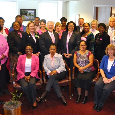 Photo: Got the spirit! 
NCA employees at VA Central Office in Washington, D.C., wore pink today, Oct. 16, in support of Breast Cancer Awareness Month. Breast cancer is the most common form of cancer occurring among women in the United States. The annual campaign reminds us to take the steps necessary to detect the disease in its early stages and encourage others to do the same. Today, with early detection, there is a higher probability of full recovery than ever before.