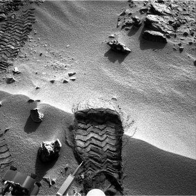 Photo: "The first wheel scuff went well, so we planned APXS (elemental chemistry) and MAHLI (close-up imaging)..." Follow USGS scientist Ken Herkenhoff's blog as he describes working in the JPL control room with the Science Team for NASA's Mars Science Lab rover, Curiosity. http://astrogeology.usgs.gov/news