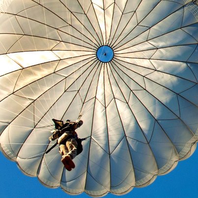 Photo: A Paratrooper descends onto the Sicily Drop Zone at Fort Bragg, N.C. after exiting a United States Air Force C-130 aircraft Oct. 11. U.S. Army photo by Cpt. Thomas J. Cieslak