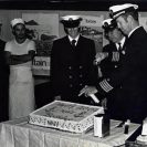 Photo: Navy Bicentennial Birthday Cake cutting ceremony. Captain R.A. Miller gives a hand to the oldest and youngest sailors on board USS Coronado (LPD 11) in Bremerhaven, Germany.
NHHC Photograph Collection, L-File, Ceremonies.