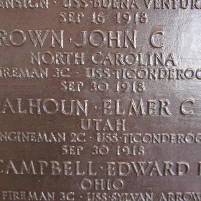 Photo: Today, we remember John C. Brown. 
Tablets of the Missing at Suresnes American Cemetery
Fireman, Third Class, U.S. Navy
USS Ticonderoga  
Entered the Service from: North Carolina
Died: September 30, 1918
Missing in Action or Buried at Sea
Suresnes, France