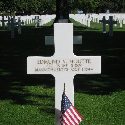 Photo: Today, we remember Edmund V. Houtte. 
Private First Class, The U.S. Army
Service # 31256337
15th Infantry Regiment, 3rd Infantry Division  
Entered the Service from: Massachusetts
Died: October 1, 1944
Buried at: Plot P, Row 2, Grave 20
Brittany American Cemetery
St. James, France  
Awards: Purple Heart