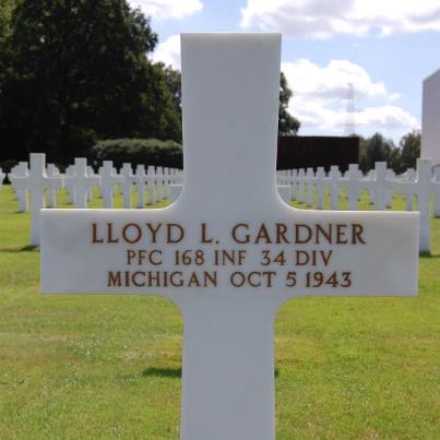 Photo: Today, we remember Lloyd L. Gardner. 
Private First Class, U.S. Army
Service # 36154224
168th Infantry Regiment, 34th Infantry Division  
Entered the Service from: Michigan
Died: October 5, 1943
Buried: Plot B, Row 26, Grave 13
Ardennes American Cemetery
Neupre, Belgium