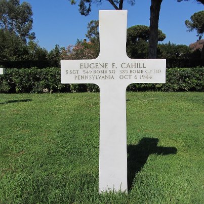 Photo: Today, we remember Eugene F. Cahill. 
Staff Sergeant, U.S. Army Air Forces
Service # 13007620
549th Bomber Squadron, 385th Bomber Group, Heavy  
Entered the Service from: Pennsylvania
Died: October 6, 1944
Buried: Plot I, Row 14, Grave 66
Sicily-Rome American Cemetery
Nettuno, Italy  
Awards: Air Medal, Purple Heart