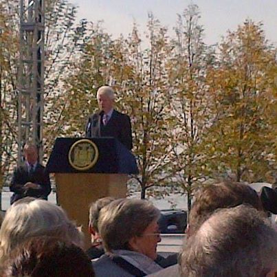 Photo: Former President Bill Clinton speaking at the Four Freedoms Park dedication.