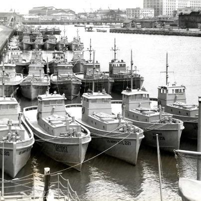 Photo: Even the Army had a fleet during World War II. To save resources for the Navy and Coast Guard during the War, the Army built and provided their own ships so that the waterfront of Boston’s Port of Embarkation could be patrolled. Notice on the bow of each ship is printed U.S. Army. Behind New York and San Francisco, Boston was the third-busiest port of embarkation in the United States during World War II and one which was on the list of every saboteur and spy working for the axis as well. RG 336, Records of the Chief of Transportation, Boston Port of embarkation, Photos of Boston POE, 1942-1945.