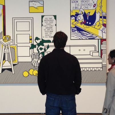 Photo: Visitors enjoy Roy Lichtenstein's "Artist’s Studio 'Look Mickey'" (1973) on view in the exhibition which opens today! Sunday hours: 11 a.m. to 6 p.m.
