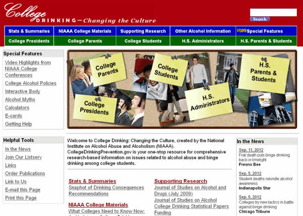 Screen capture of the homepage for the NIAAA College Drinking website.