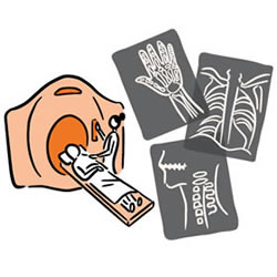 Illustration of 3 X-ray images and a patient entering a CT scanner.