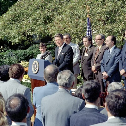 Photo: Signing Ceremony for Columbus Day Proclamation in the White House Rose Garden on October 9th, 1981.