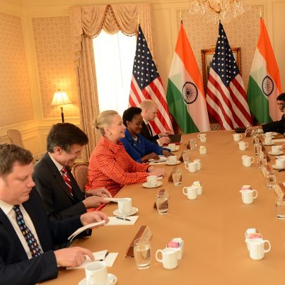 Photo: U.S. Secretary of State Hillary Rodham Clinton meets with Indian Foreign Minister S.M. Krishna in New York, New York on October 1, 2012. [State Department photo/ Public Domain]