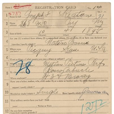 Photo: American Archives Month Pop Quiz! Happy Birthday to Joseph "Buster" Keaton, born on this day in 1895. The actor starred in numerous silent slapstick films, including "The General" and "The Navigator." We've got Keaton's World War I draft registration card--but where in the United States do we keep it?