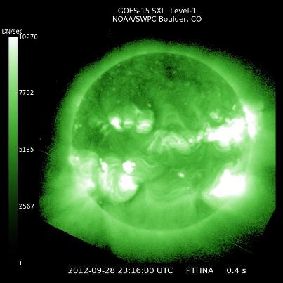 Photo: A flare erupted from the sun’s outer atmosphere Thursday evening, and with it came a burst of material called a coronal mass ejection, or CME. The CME will buffet Earth’s magnetic field Sunday or Monday, triggering minor to moderate geomagnetic storming. Most of us will feel no effects, but since geomagnetic storms can cause aurora, photographers in high latitudes may want to be on the lookout in the wee hours of Sunday and Monday mornings. A full moon could make viewing difficult. For the experimental aurora forecast map, visit http://1.usa.gov/tHHN3r. Learn more: http://www.swpc.noaa.gov/

About this NOAA image: The sun on Friday, 9/28, captured by the Solar X-Ray Imager instrument on NOAA's GOES satellite.