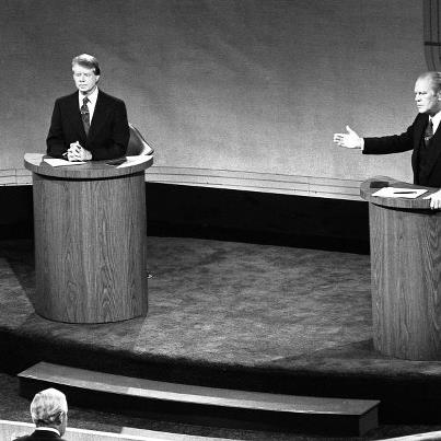 Photo: President Gerald Ford and then former Governor Jimmy Carter re-started Presidential Debates in 1976. The first Presidential Debates were between John Kennedy and Richard Nixon in 1960, but then they stopped until Carter and Ford faced off. We have had Presidential Debates ever since.