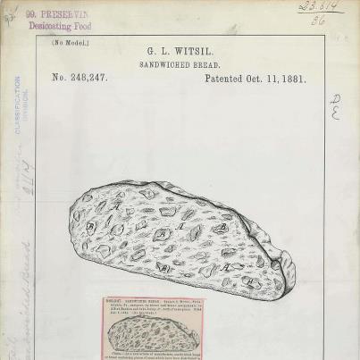 Photo: On October 11, 1881, G. L. Witsil submitted this patent for "Sandwiched Bread." Instead of putting the meat between two slices, the fillings were simply baked right into the slice! What do you think: delicious or disgusting?

(Thank you to http://todaysdocument.tumblr.com for bringing this unusual patent to our attention!)