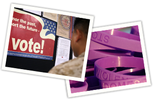 Collage: Service member viewing 'Vote' sign; Purple wristbands that read 'STOP DOMESTIC VIOLENCE'