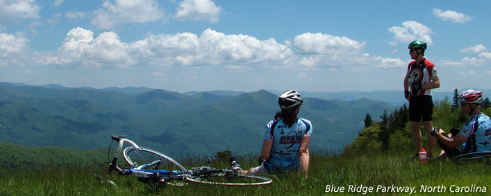 Photo of cyclists at an overlook on the Blue Ridge Parkway, North Carolina