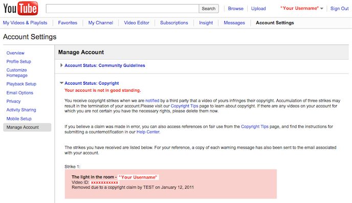 Screen shot of a copyright strike message on Manage Account page