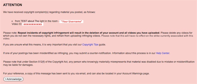 Screen shot of a copyright strike message on user account
