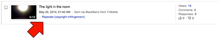 Screen shot of a copyright strike message on My Videos page
