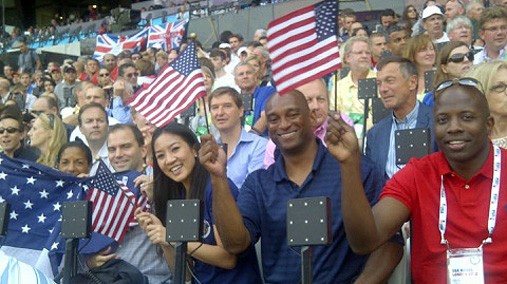 Members of the  U.S. Presidential Delegation to the Closing Ceremonies of the London Olympic Games -- Ambassador Susan Rice, White House Deputy National Security Advisor for Strategic Communications Ben Rhodes, Michelle Kwan, Curtis Pride and Reggie Love -- pose for a photo tweeted by Ambassador Rice in London, August 11, 2012. [USUN photo/ Public Domain]