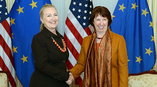 U.S. Secretary of State Hillary Rodham Clinton meets with EU High Representative Catherine Ashton in New York City on September 23, 2012. [State Department photo/ Public Domain]
