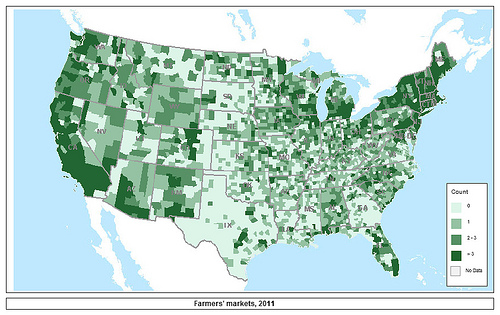 Number of Farmers Markets per County, 2011 (darkest areas have higher numbers). More than 7,800 farmers markets have sprung up across the United States, up from roughly 1,700 in 1994. 
