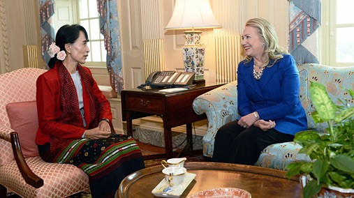 U.S. Secretary of State Hillary Rodham Clinton meets with Daw Aung San Suu Kyi, Chair of the National League for Democracy and Member of Parliament from Kawmhu Constituency, at the U.S. Department of State in Washington, D.C., September 18, 2012. [State Department photo/ Public Domain]