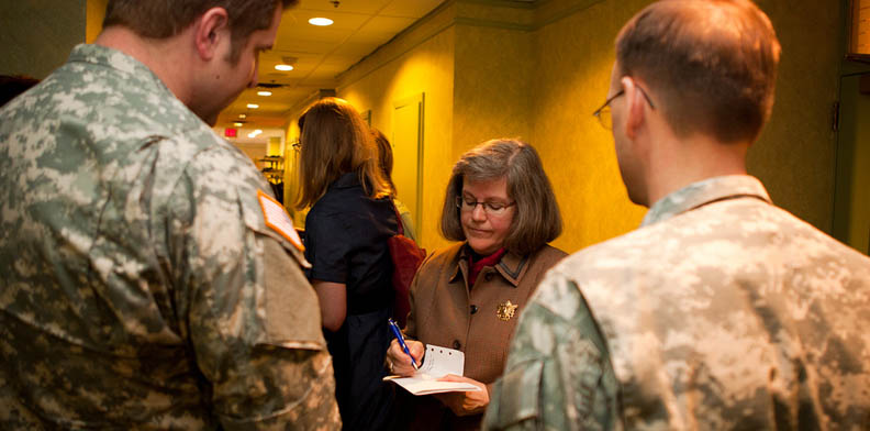 Holly Petraeus speaks with servicemembers at Ft. Myer in Arlington, VA.
