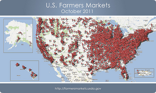 A map plotting the updated locations of U.S. Farmers Markets.  Geocode data is now available for over 6,200 markets.