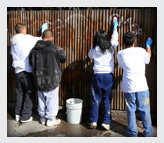 Teen cleaning the graffiti on the wall