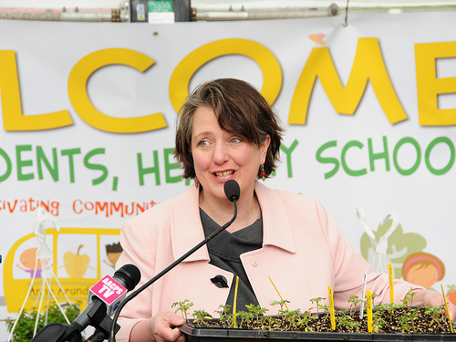 USDA Deputy Secretary Kathleen Merrigan discovers “Abe Lincoln tomatoes” during her visit to Southern High School in Anne Arundel county, MD.
