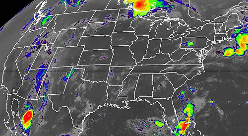 Satellite image with enhanced low cloud-top temperatures for 6:45 a.m. EST (NOAA)