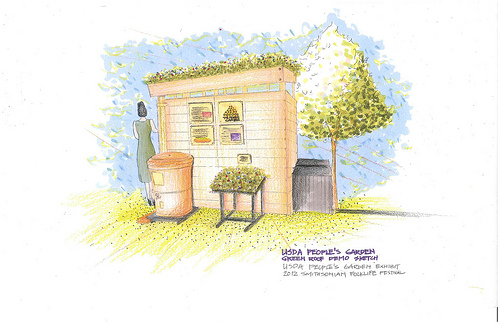 Here is the concept drawing for the People’s Garden exhibit at the  2012 Smithsonian Folklife Festival including the green roof and rain barrel. Drawing by Dixi Wang, USDA landscape architect intern.