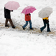 Three people walking under umbrellas in the snow