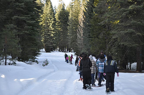 Snowshoeing enthusiasts enjoy a guided trek on the Lassen National Forest in California. (Photo credit:  Esther Miranda-Cole, Public Affairs Specialist, Lassen National Forest)