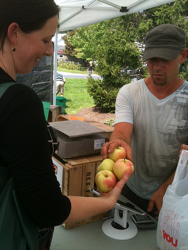 Buying apples from Troy Lehman of Rex Fruit Farm at the farmers market in Camp Hill, Pennsylvania