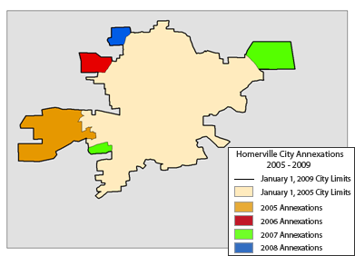 Graphic depicting boundaries of Homerville over time