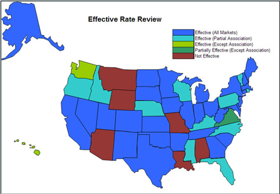 Map of the United States showing which states have effective Rate Review programs. See at text version of the map below for details.